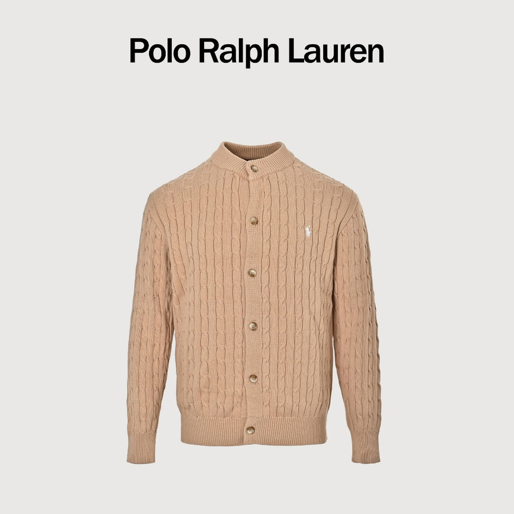 Ralph Lauren Camel Cable-Knit Crewneck Cardigan with Embroidered Logo