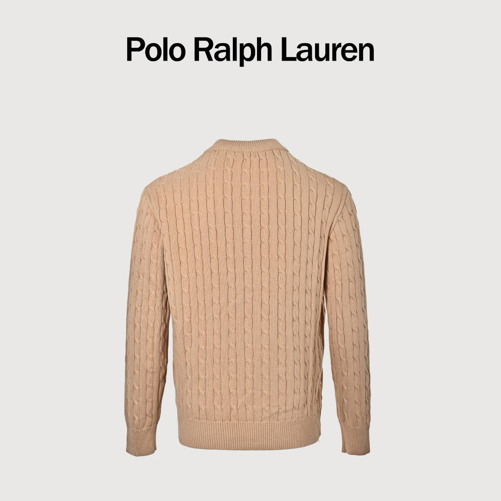 Ralph Lauren Camel Cable-Knit Crewneck Cardigan with Embroidered Logo