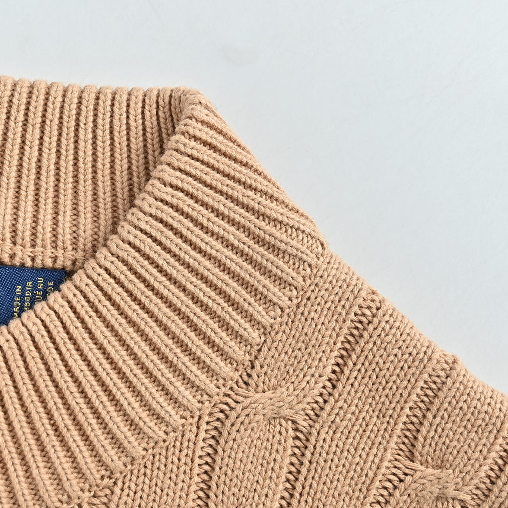 Ralph Lauren Camel Cable-Knit Crewneck Cardigan with Embroidered Logo