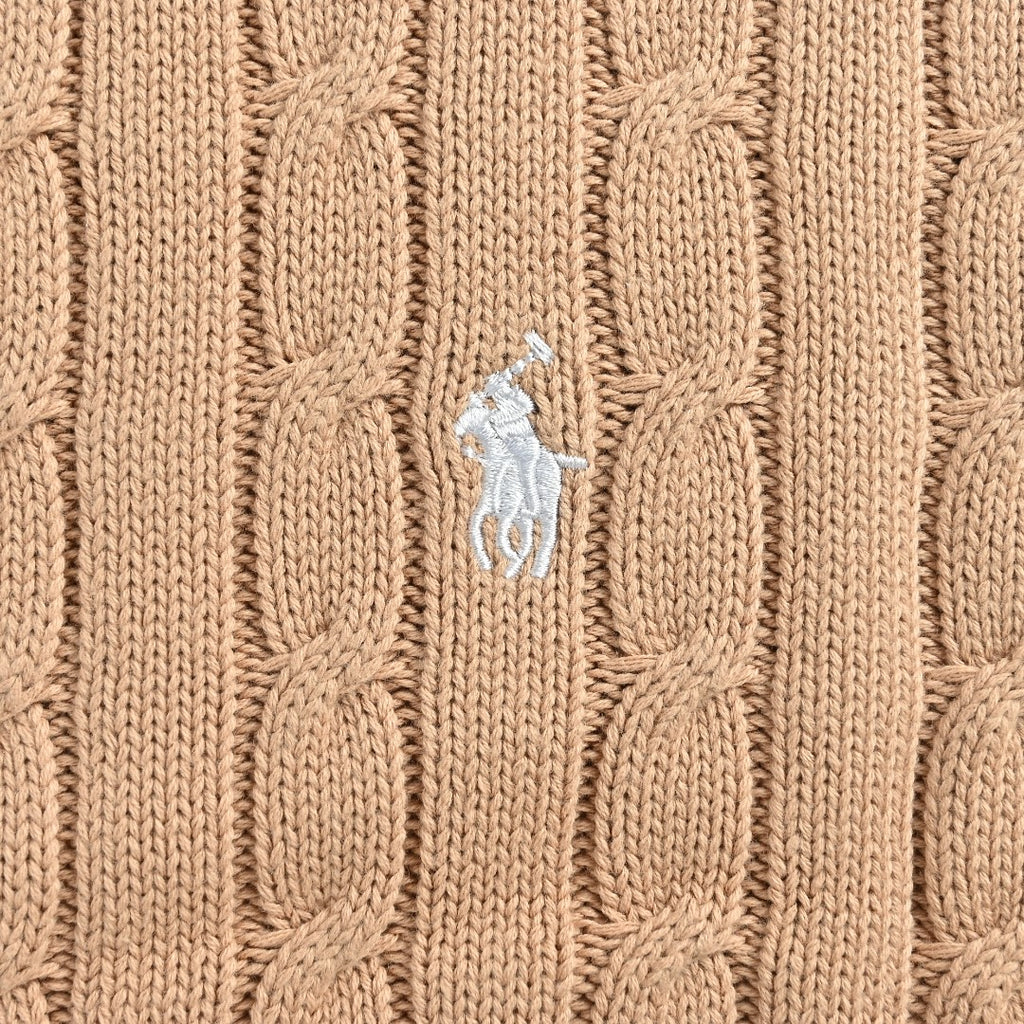 Ralph Lauren Camel Cable-Knit Crewneck Cardigan with Embroidered Logo