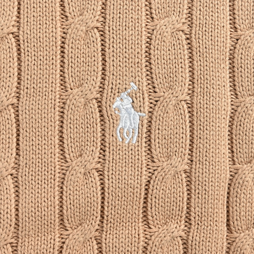 Ralph Lauren Camel Cable-Knit Crewneck Cardigan with Embroidered Logo