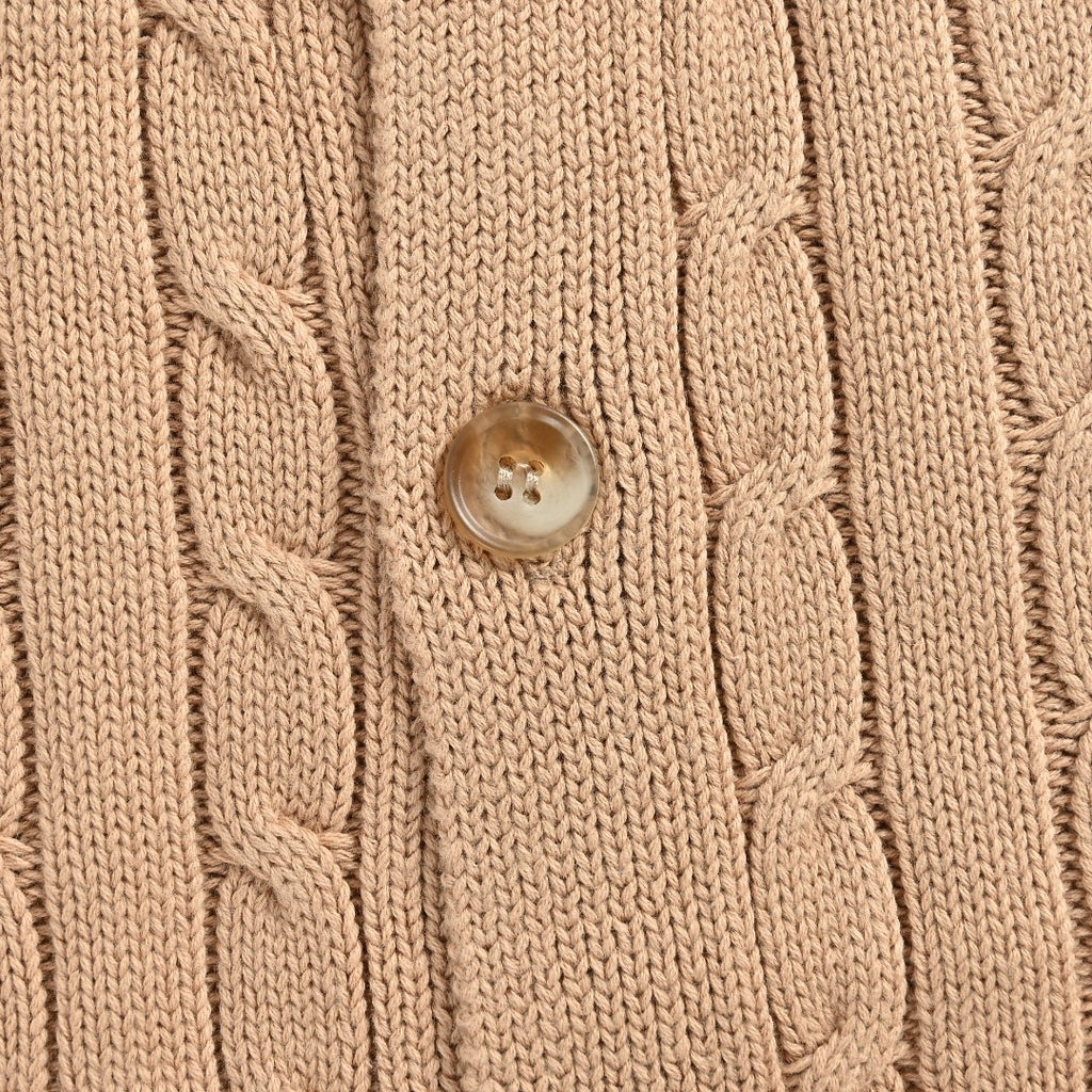 Ralph Lauren Camel Cable-Knit Crewneck Cardigan with Embroidered Logo