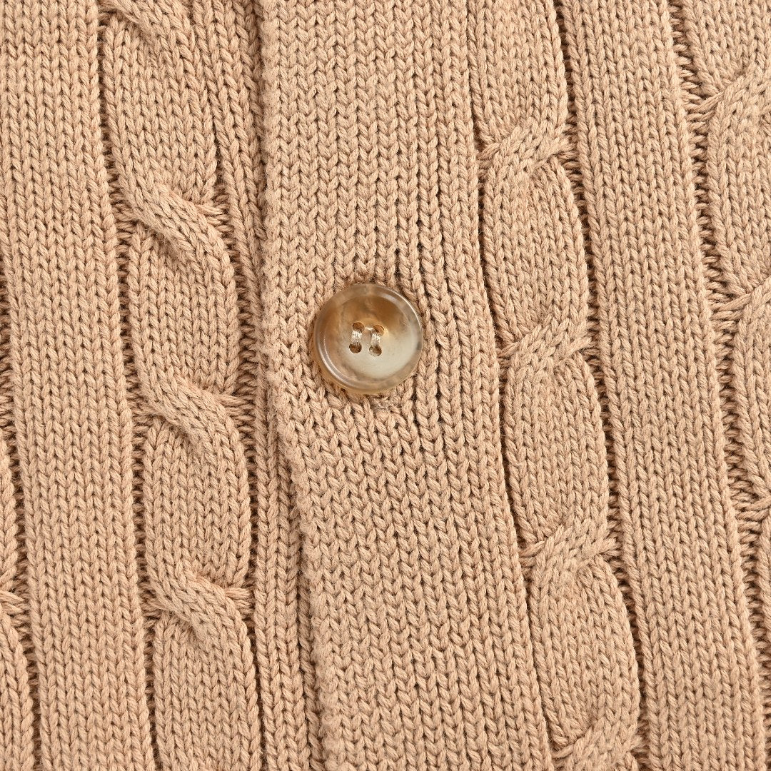 Ralph Lauren Camel Cable-Knit Crewneck Cardigan with Embroidered Logo