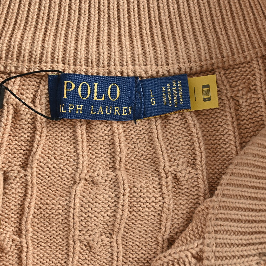 Ralph Lauren Camel Cable-Knit Crewneck Cardigan with Embroidered Logo