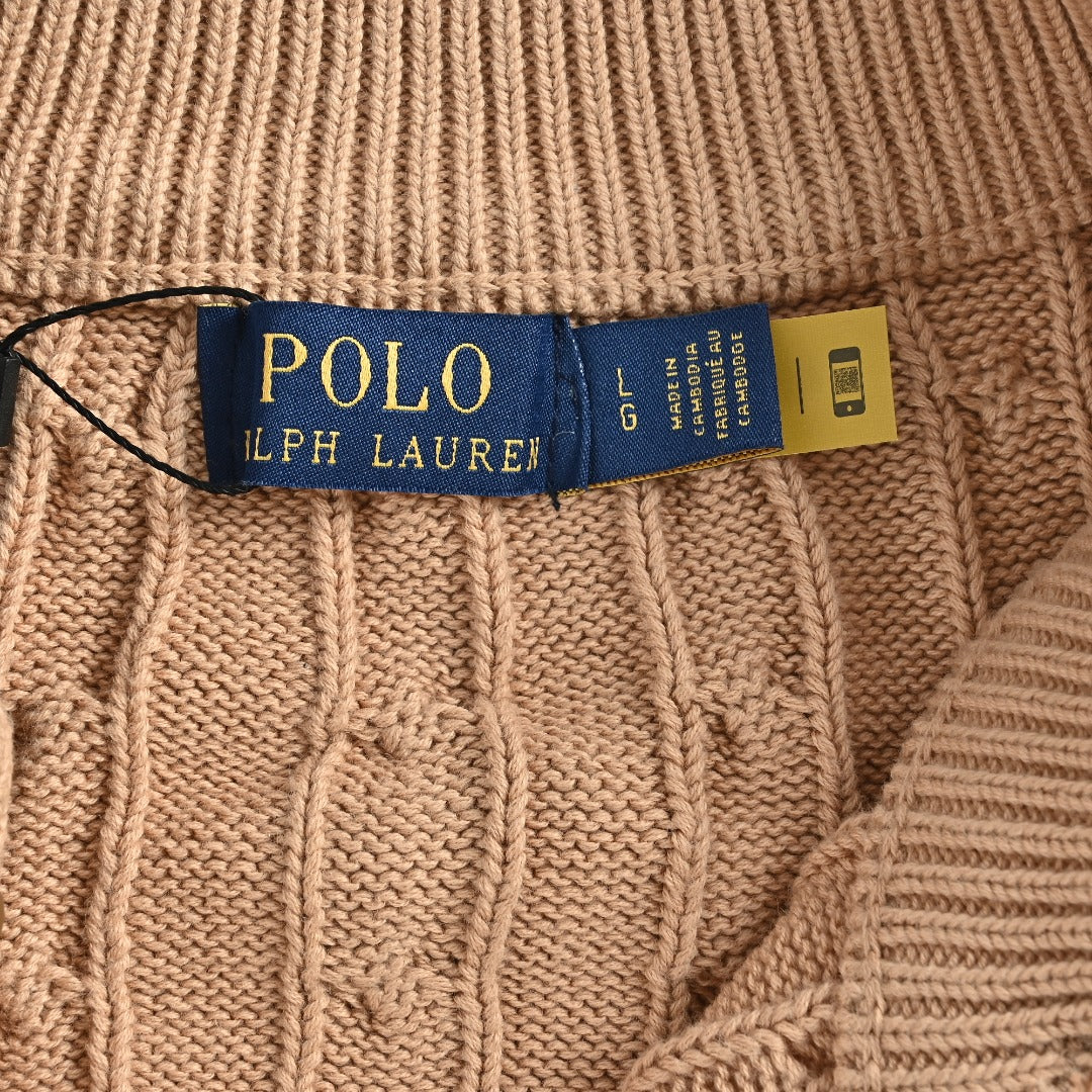 Ralph Lauren Camel Cable-Knit Crewneck Cardigan with Embroidered Logo