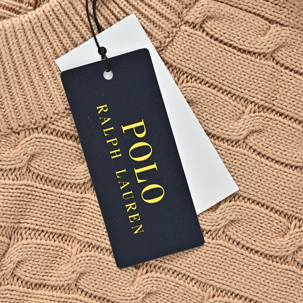 Ralph Lauren Camel Cable-Knit Crewneck Cardigan with Embroidered Logo