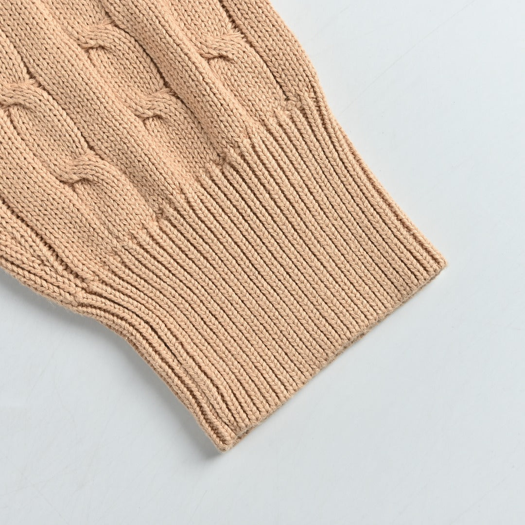 Ralph Lauren Camel Cable-Knit Crewneck Cardigan with Embroidered Logo