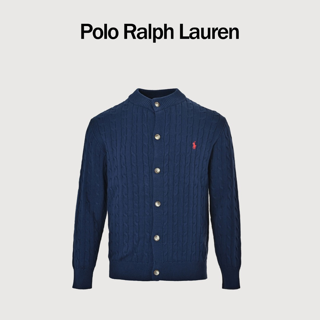 Ralph Lauren Navy Cable-Knit Crewneck Cardigan with Embroidered Logo