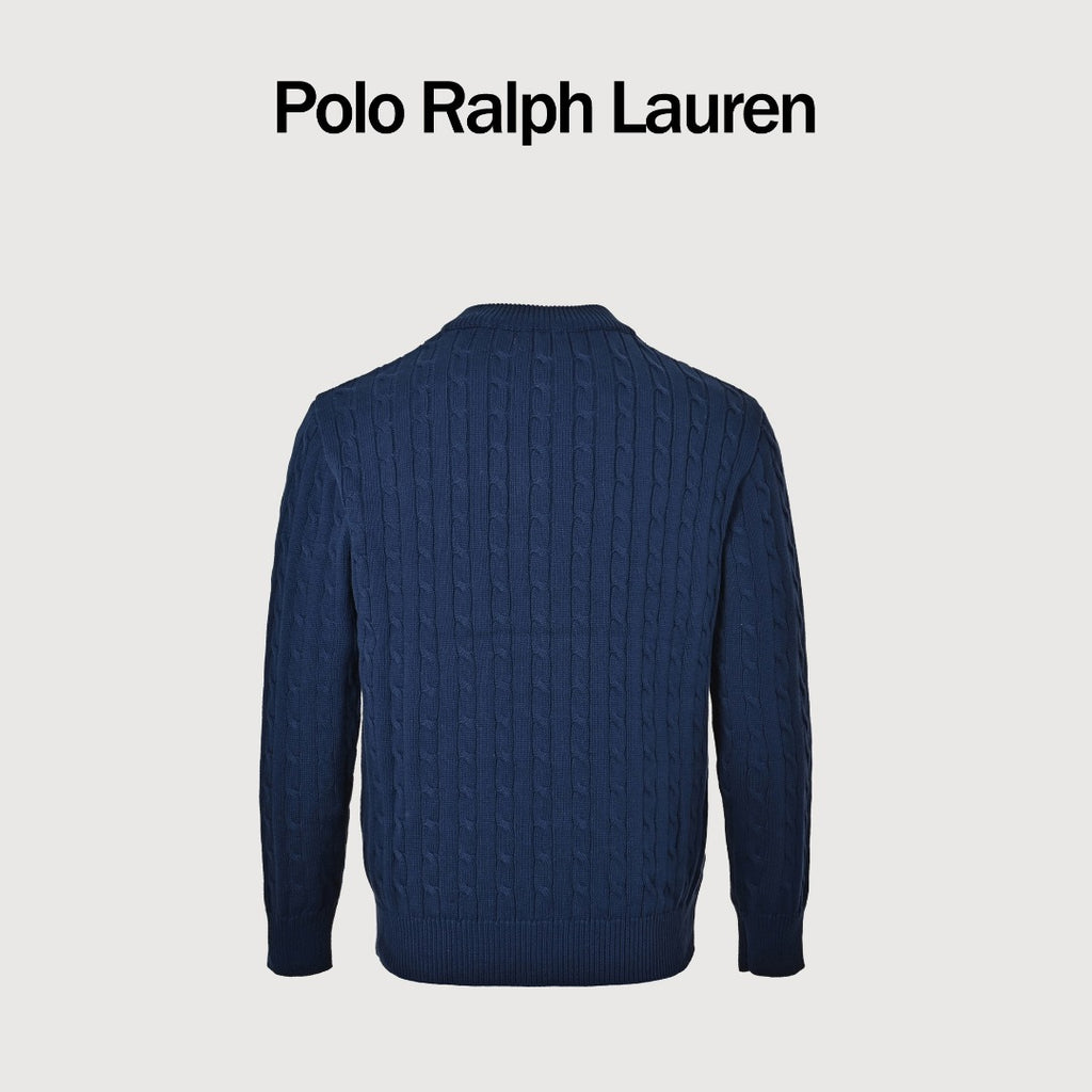 Ralph Lauren Navy Cable-Knit Crewneck Cardigan with Embroidered Logo