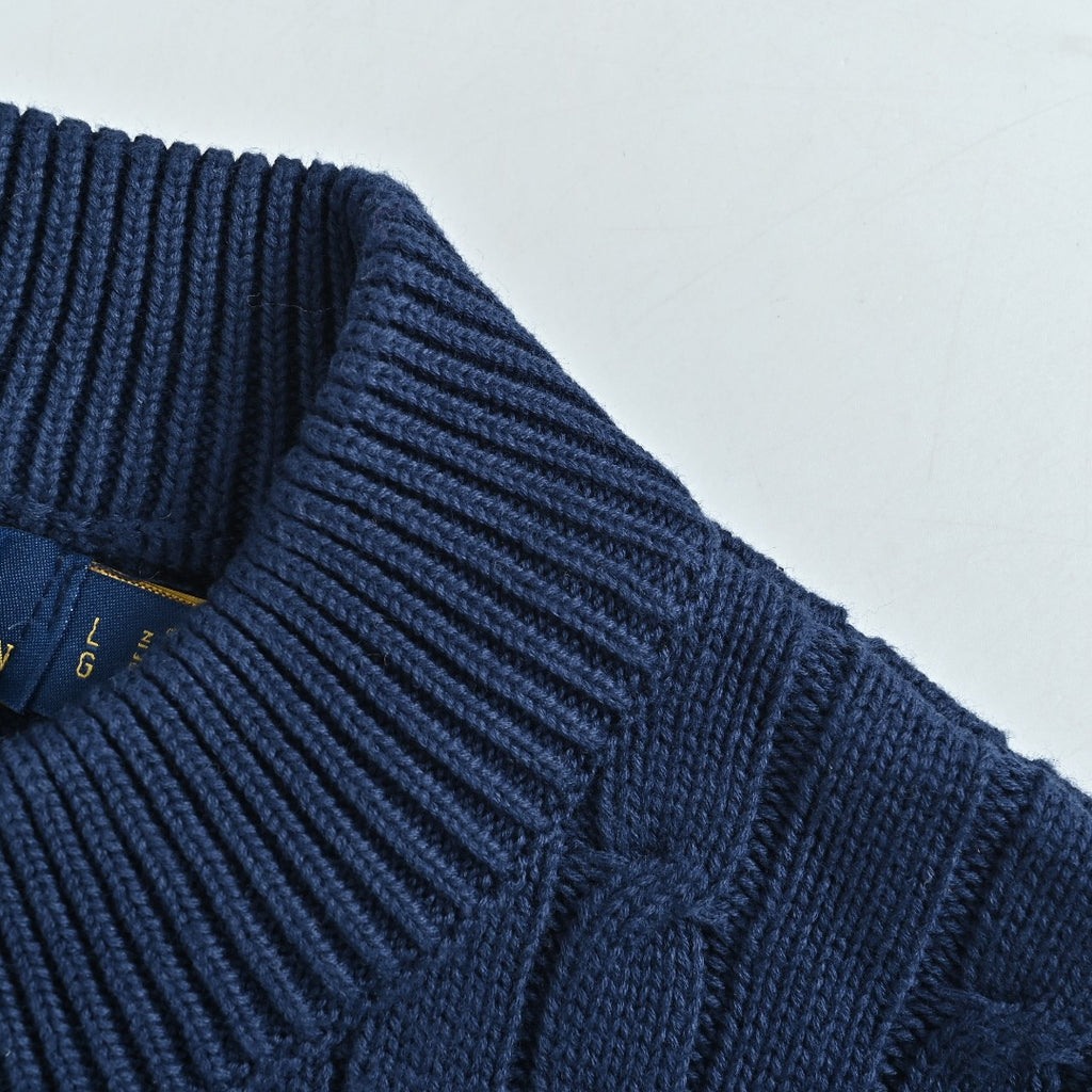 Ralph Lauren Navy Cable-Knit Crewneck Cardigan with Embroidered Logo