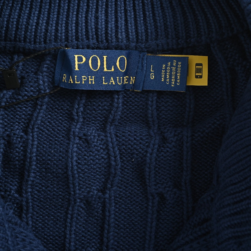 Ralph Lauren Navy Cable-Knit Crewneck Cardigan with Embroidered Logo
