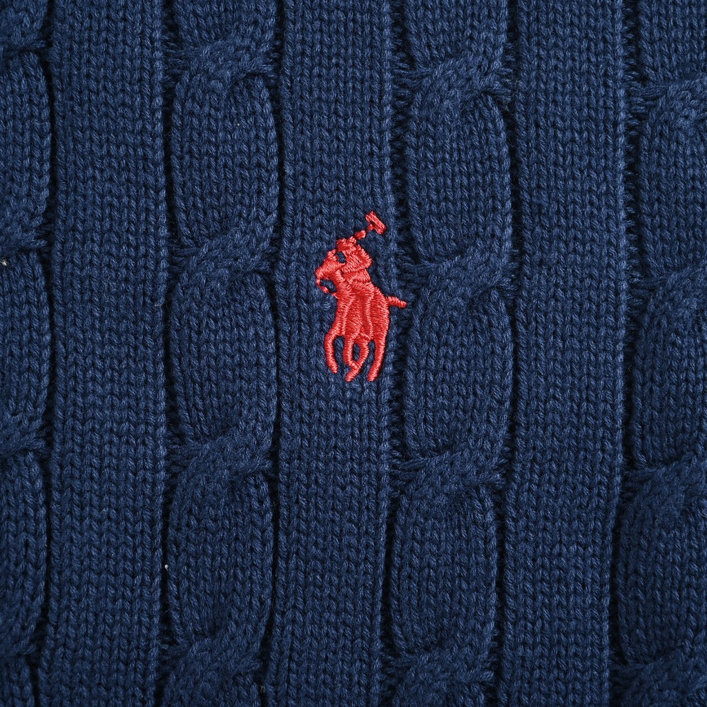Ralph Lauren Navy Cable-Knit Crewneck Cardigan with Embroidered Logo