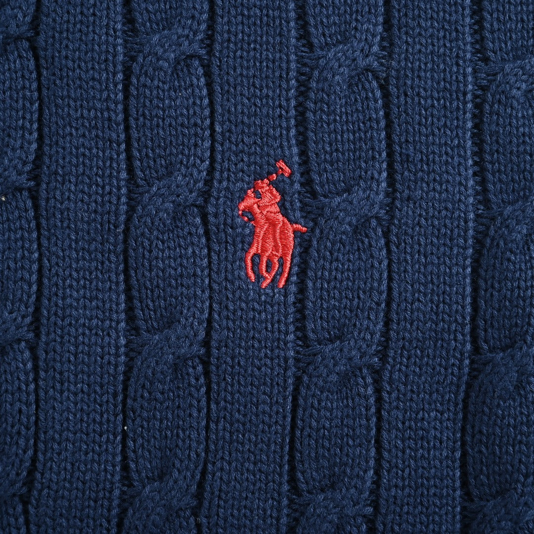 Ralph Lauren Navy Cable-Knit Crewneck Cardigan with Embroidered Logo