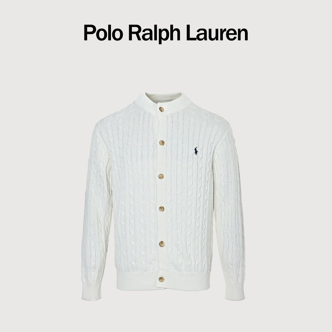 Ralph Lauren White Cable-Knit Crewneck Cardigan with Embroidered Logo