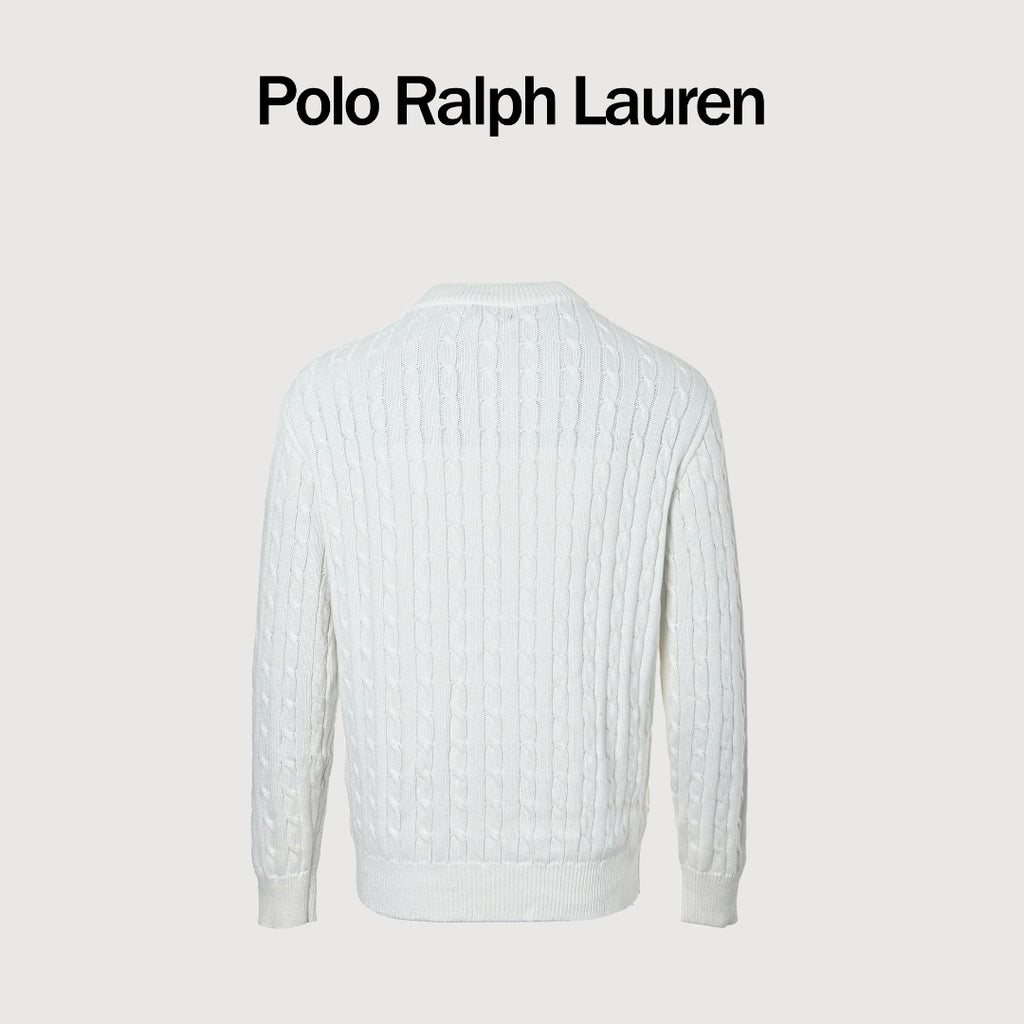 Ralph Lauren White Cable-Knit Crewneck Cardigan with Embroidered Logo