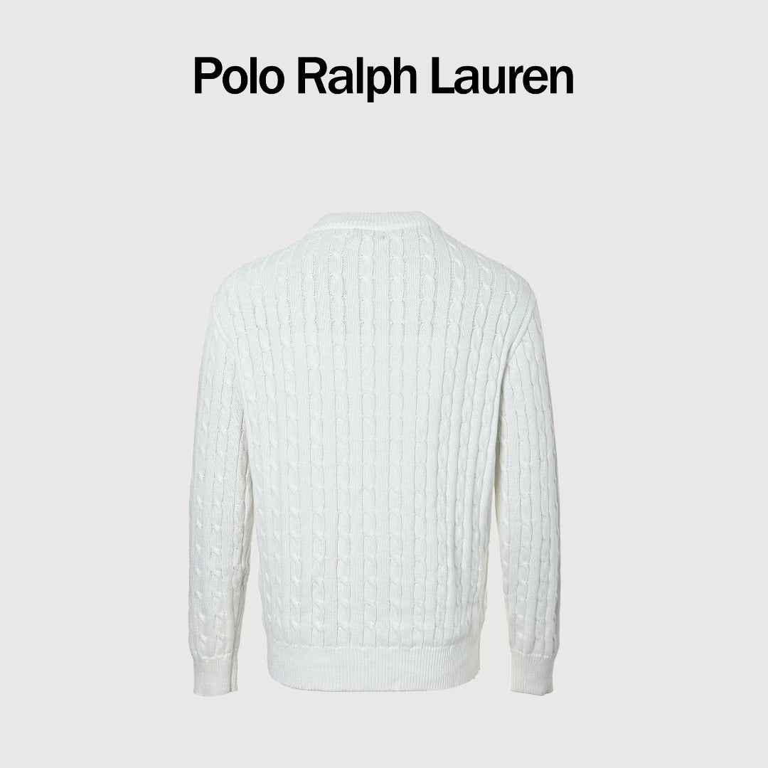 Ralph Lauren White Cable-Knit Crewneck Cardigan with Embroidered Logo