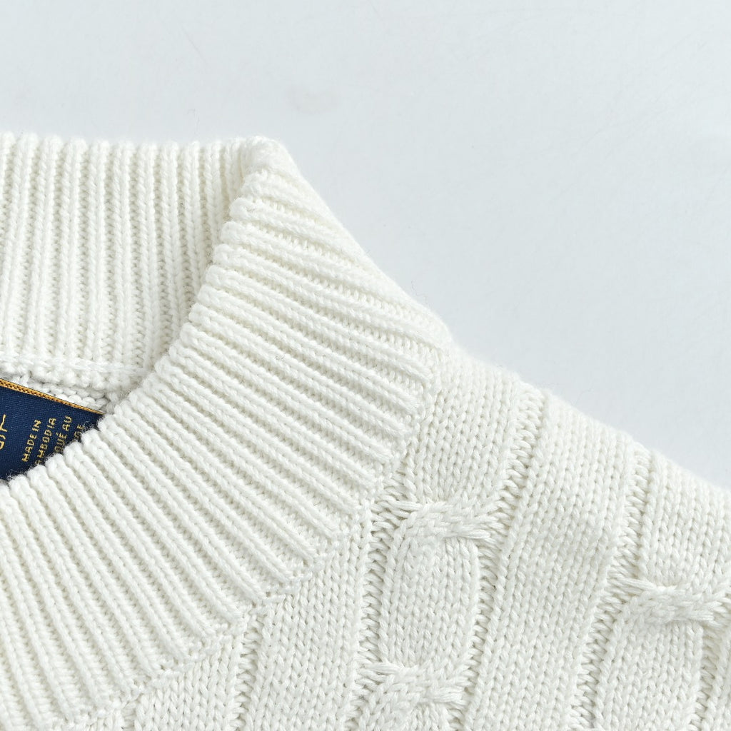 Ralph Lauren White Cable-Knit Crewneck Cardigan with Embroidered Logo