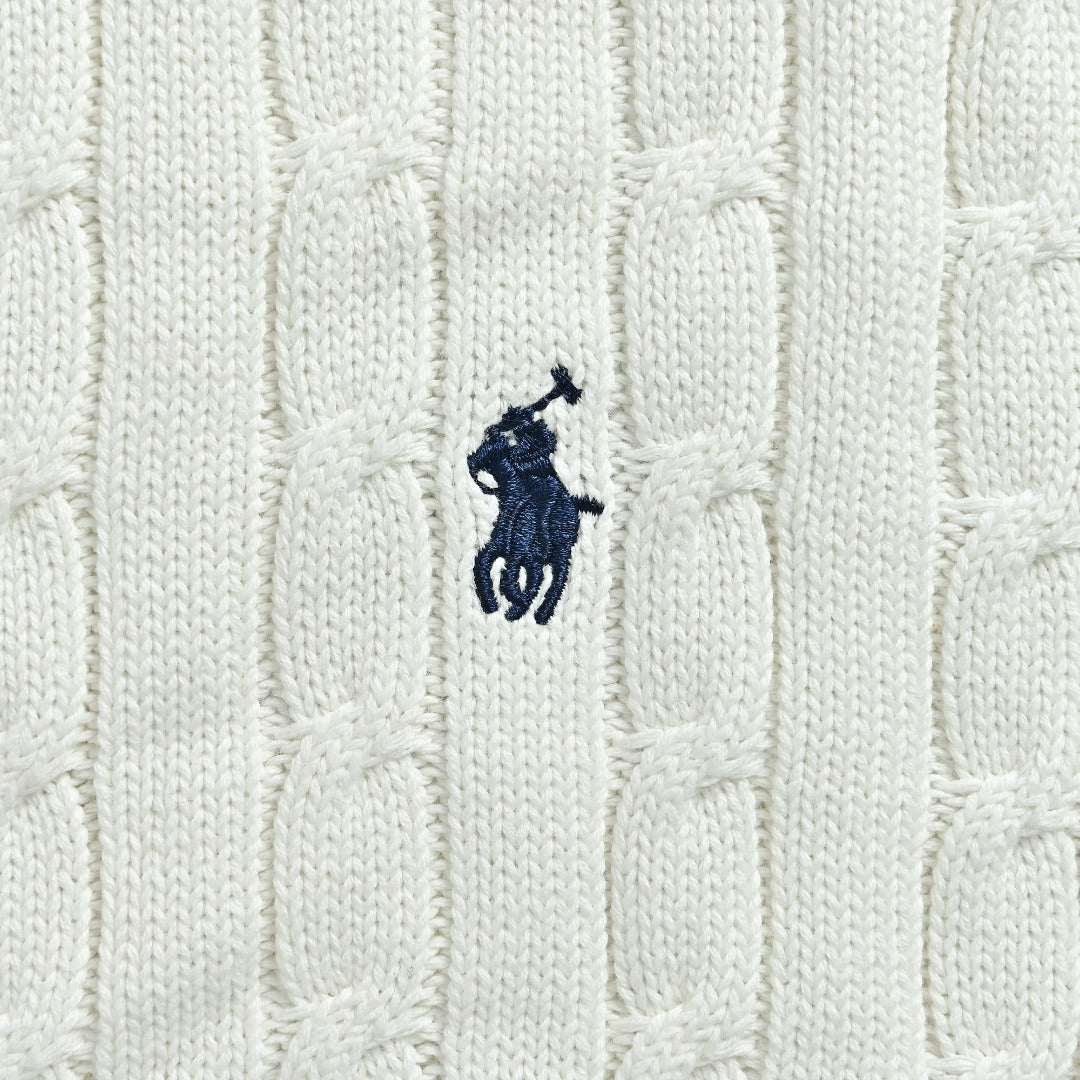 Ralph Lauren White Cable-Knit Crewneck Cardigan with Embroidered Logo