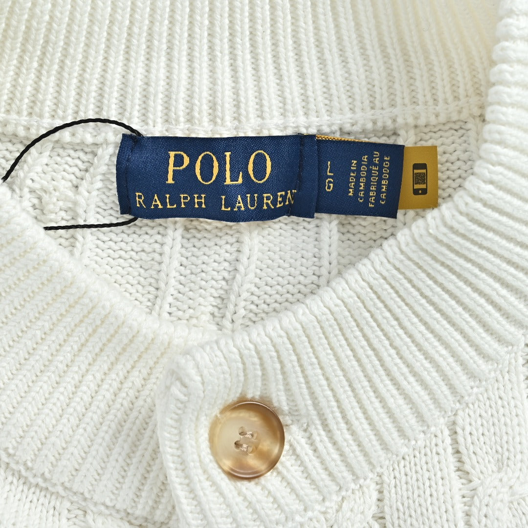 Ralph Lauren White Cable-Knit Crewneck Cardigan with Embroidered Logo