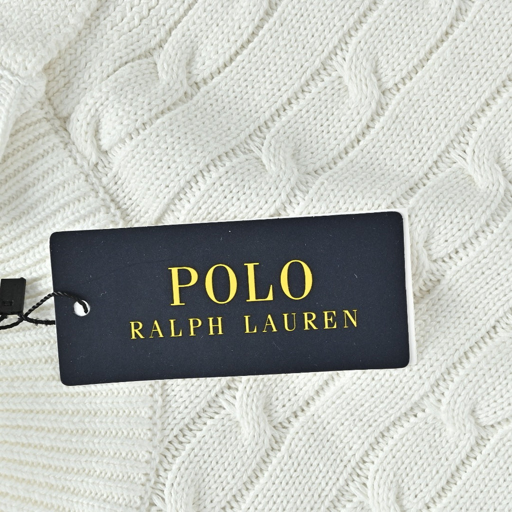 Ralph Lauren White Cable-Knit Crewneck Cardigan with Embroidered Logo