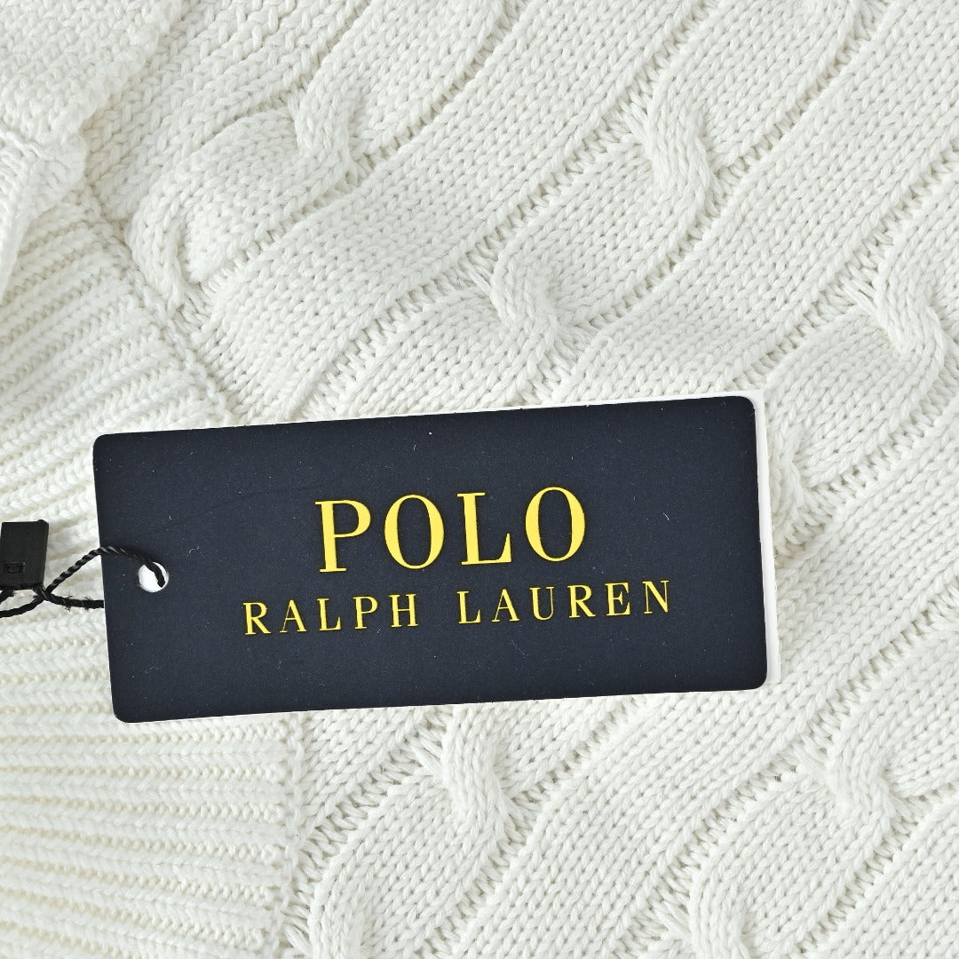 Ralph Lauren White Cable-Knit Crewneck Cardigan with Embroidered Logo