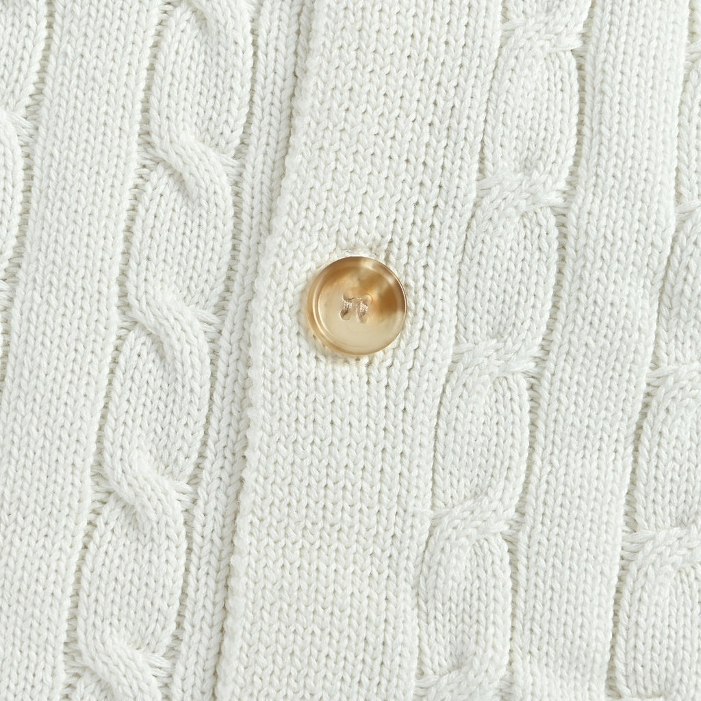 Ralph Lauren White Cable-Knit Crewneck Cardigan with Embroidered Logo