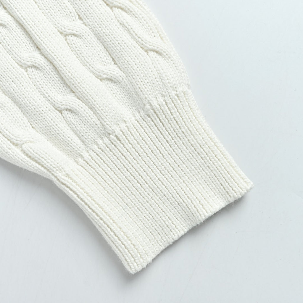 Ralph Lauren White Cable-Knit Crewneck Cardigan with Embroidered Logo