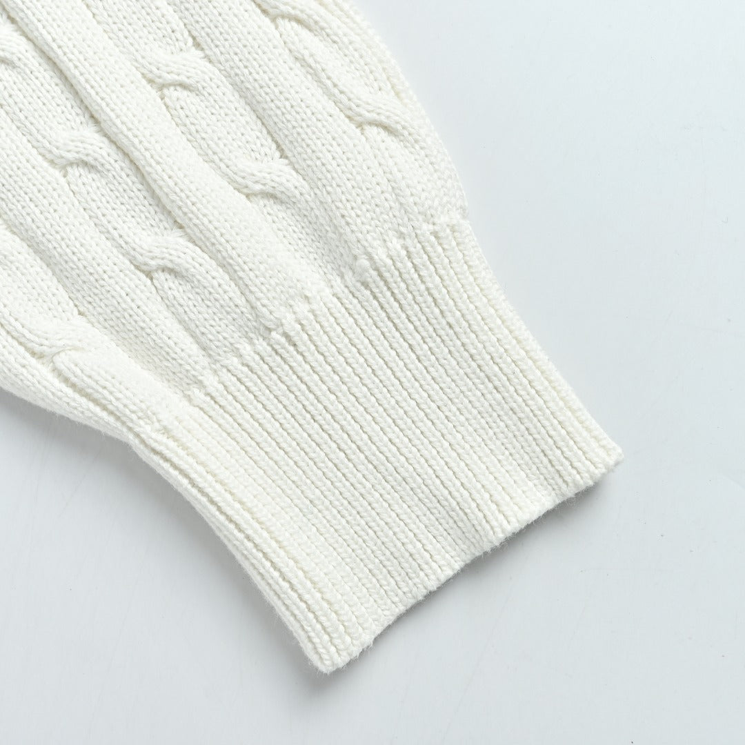 Ralph Lauren White Cable-Knit Crewneck Cardigan with Embroidered Logo