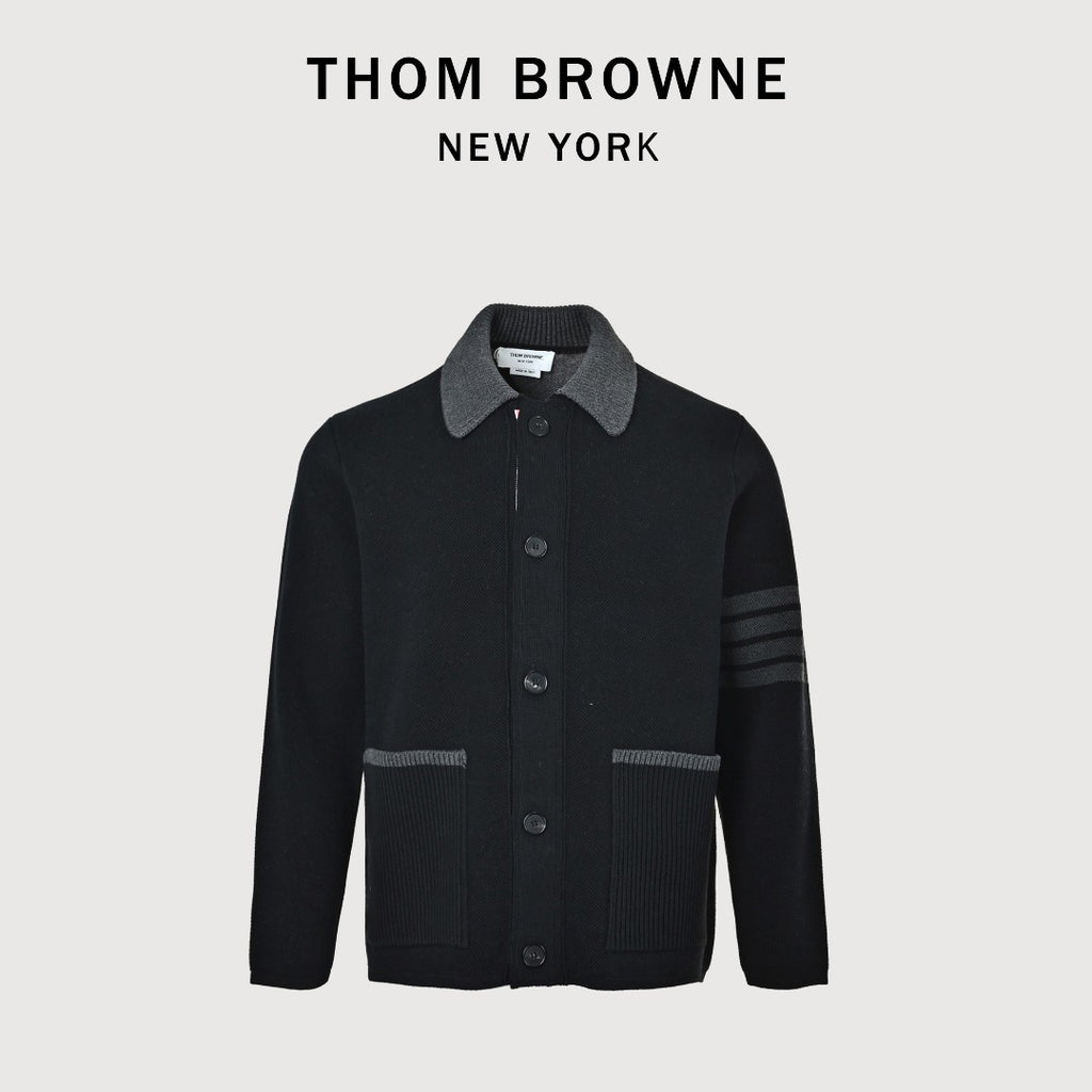 Thom Browne Black Four-Bar Jacket with Contrast Collar