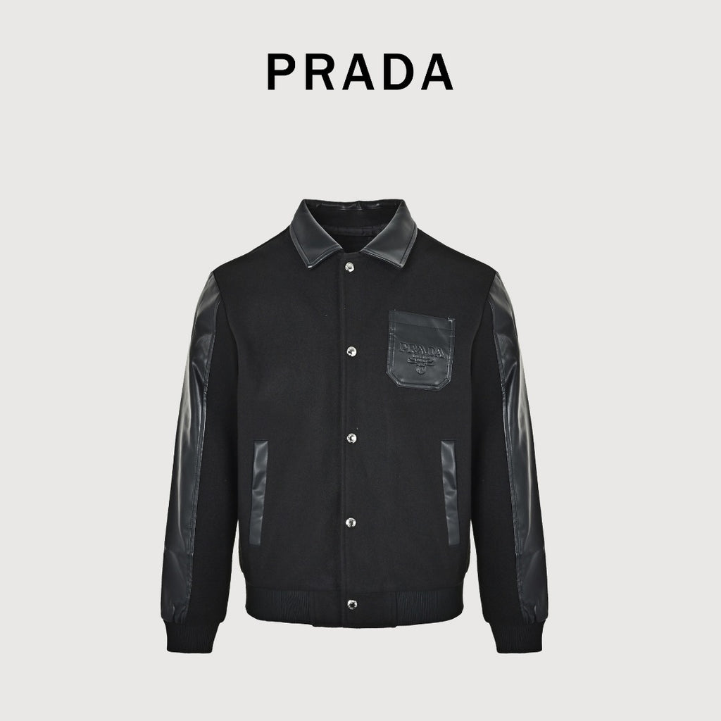 Prada Black Varsity Jacket with Logo Chest Pocket