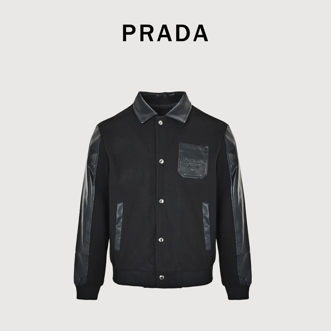 Prada Black Varsity Jacket with Logo Chest Pocket