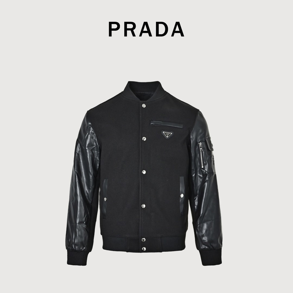 Prada Black Triangle Logo Varsity Jacket with Sleeve Pocket