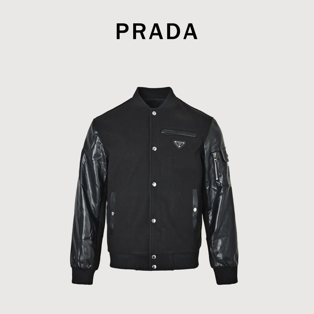 Prada Black Triangle Logo Varsity Jacket with Sleeve Pocket