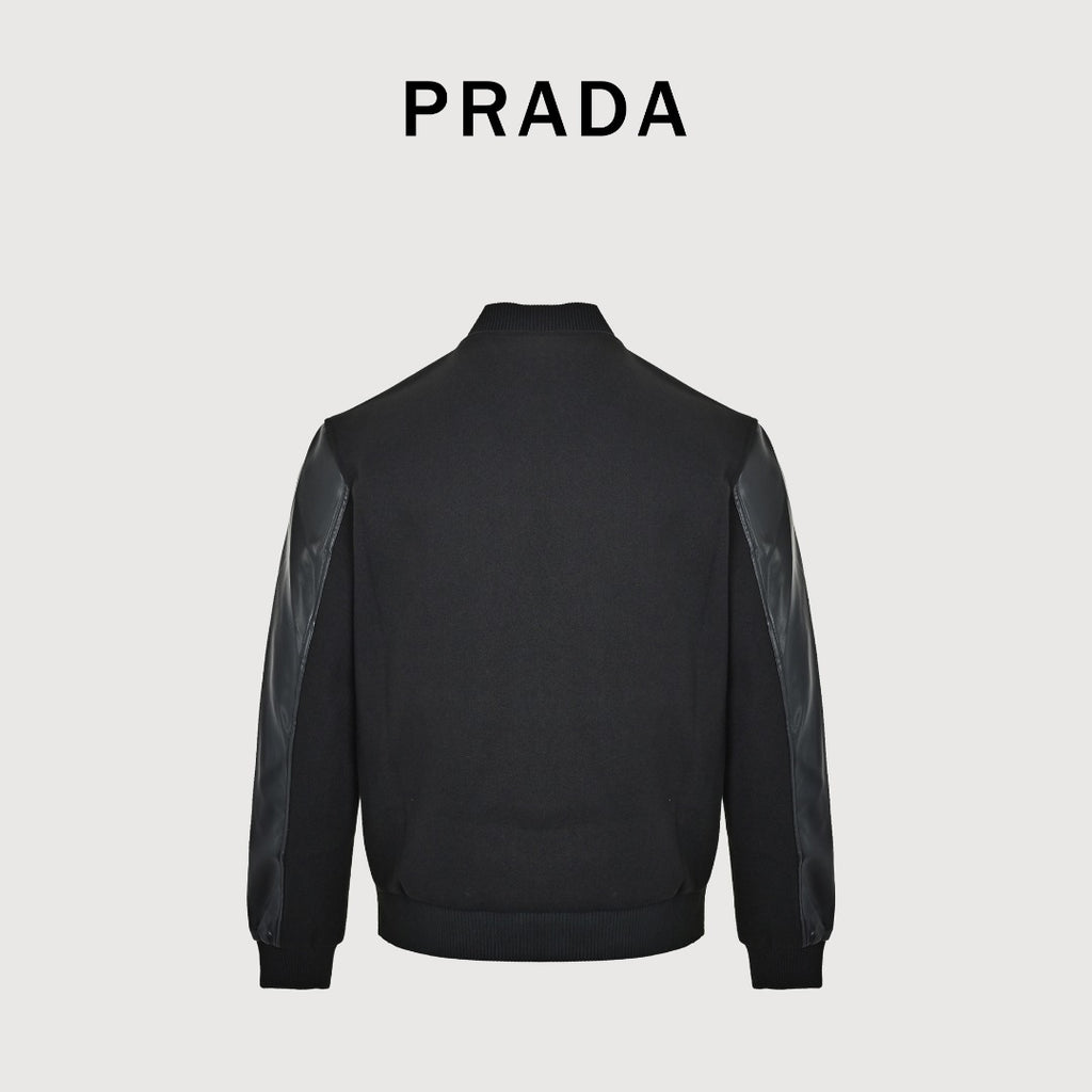 Prada Black Triangle Logo Varsity Jacket with Sleeve Pocket