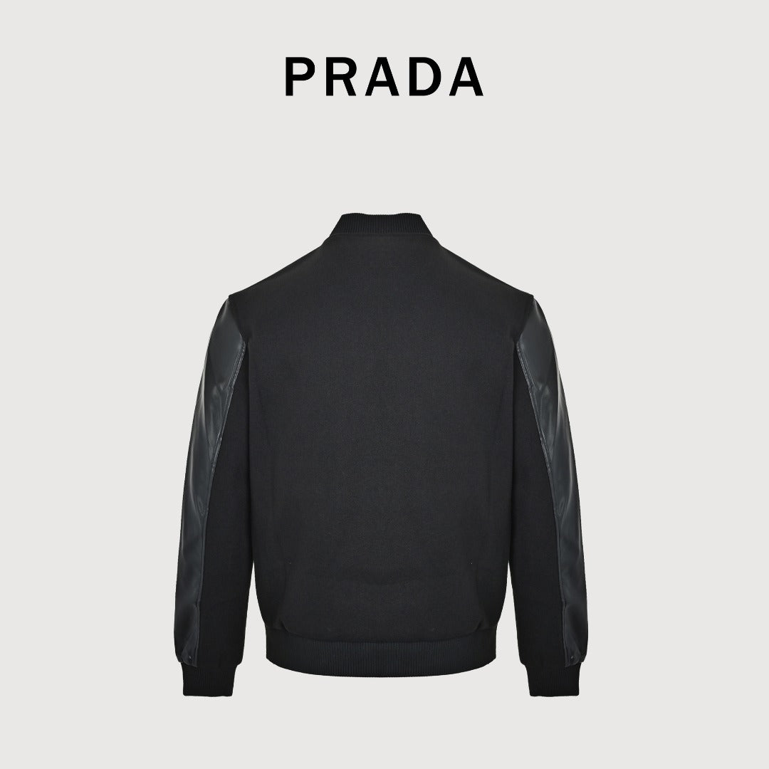 Prada Black Triangle Logo Varsity Jacket with Sleeve Pocket