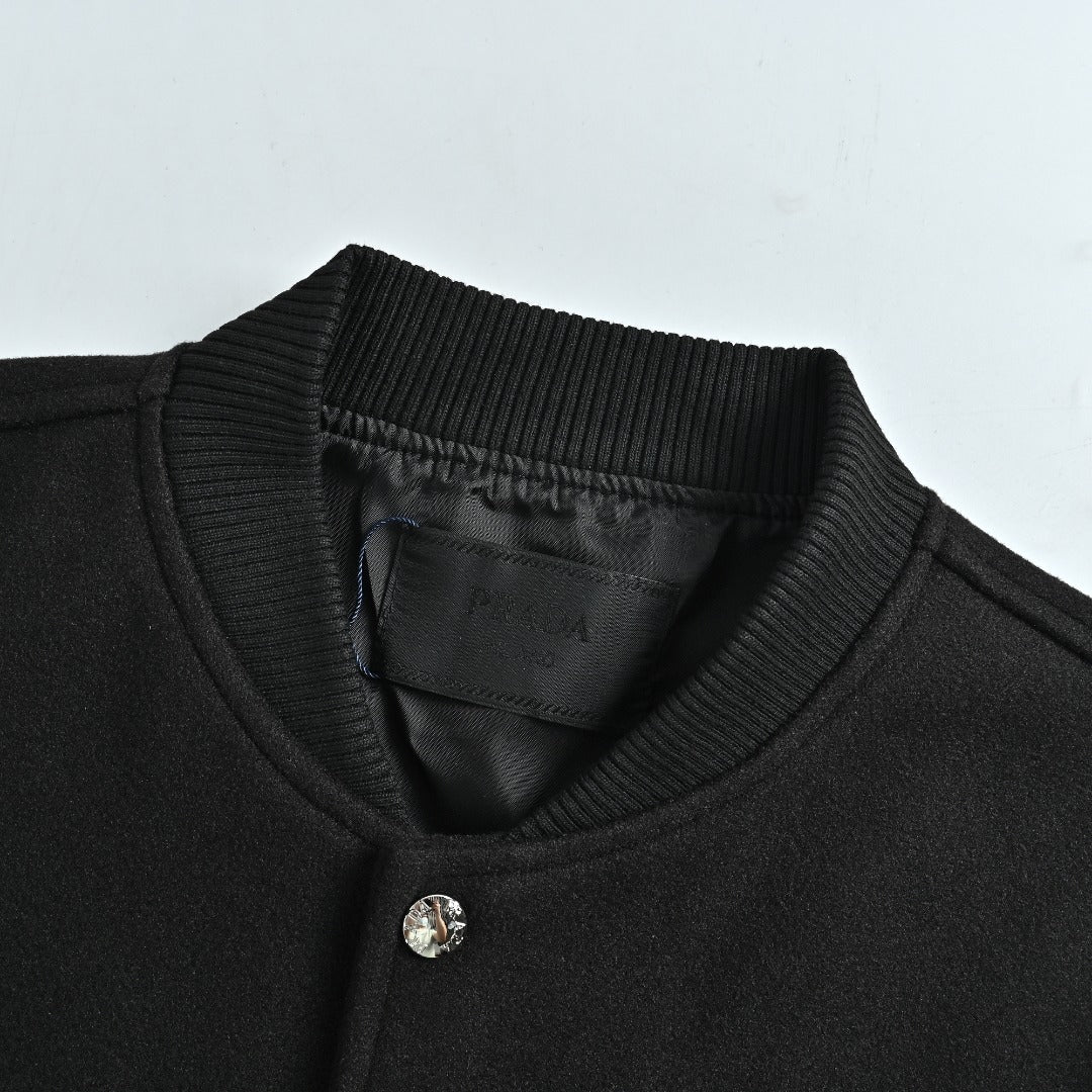 Prada Black Triangle Logo Varsity Jacket with Sleeve Pocket