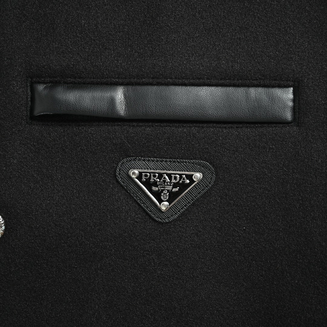 Prada Black Triangle Logo Varsity Jacket with Sleeve Pocket