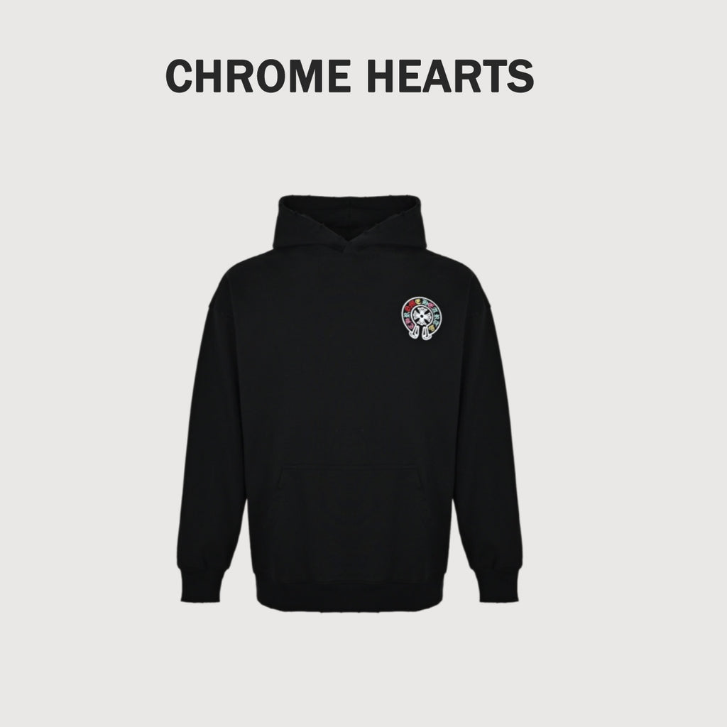 Chrome Hearts Multicolor Horseshoe Embroidered Distressed Hoodie | Black