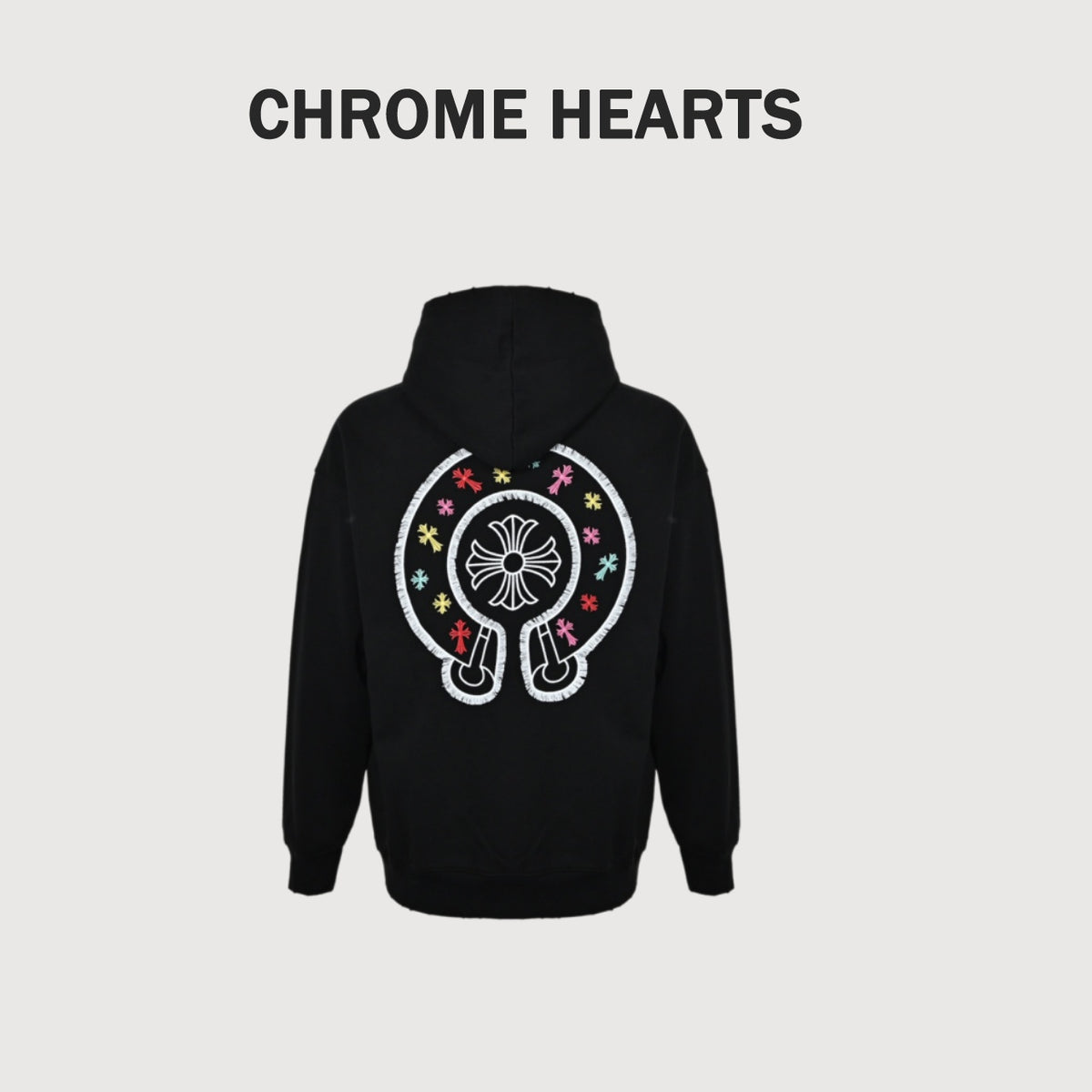 Chrome Hearts Multicolor Horseshoe Embroidered Distressed Hoodie | Black