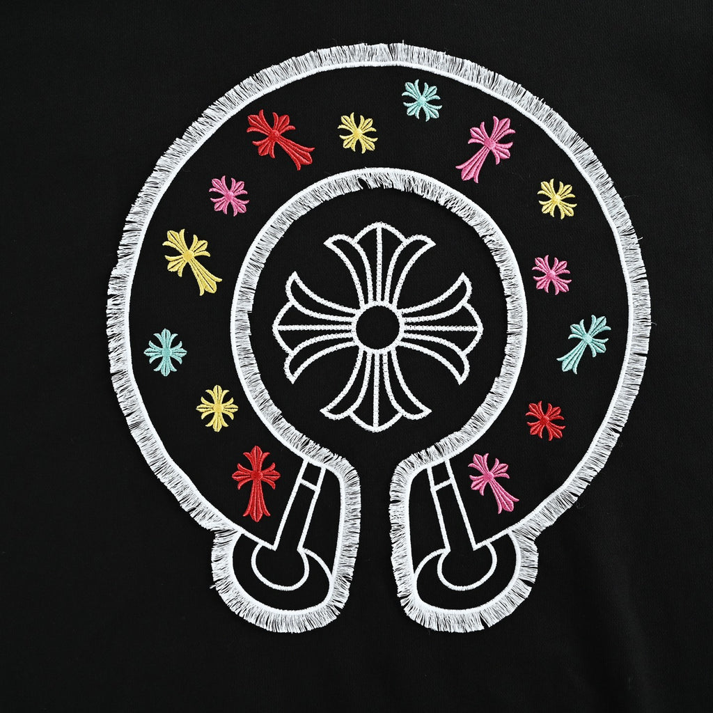 Chrome Hearts Multicolor Horseshoe Embroidered Distressed Hoodie | Black
