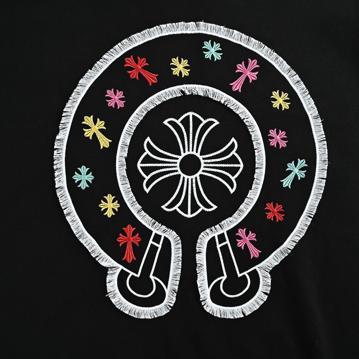 Chrome Hearts Multicolor Horseshoe Embroidered Distressed Hoodie | Black
