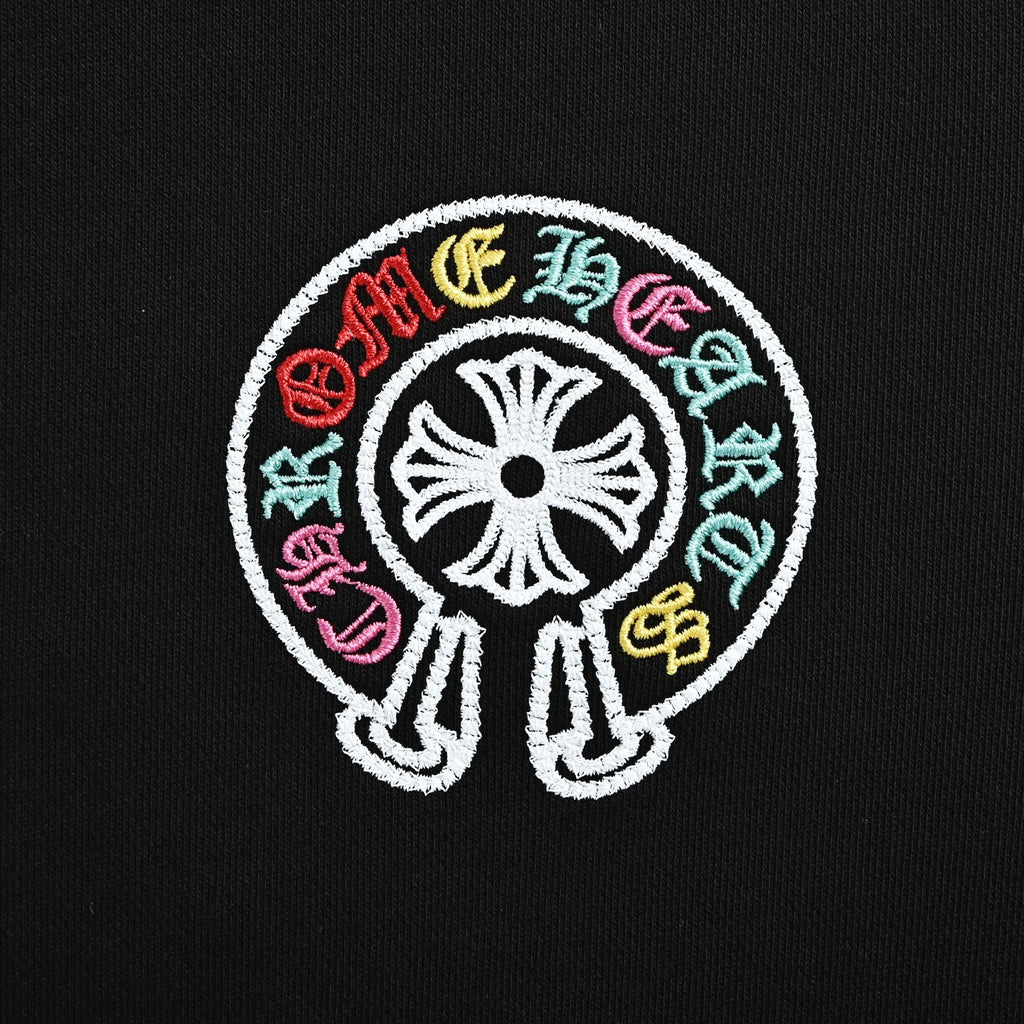 Chrome Hearts Multicolor Horseshoe Embroidered Distressed Hoodie | Black