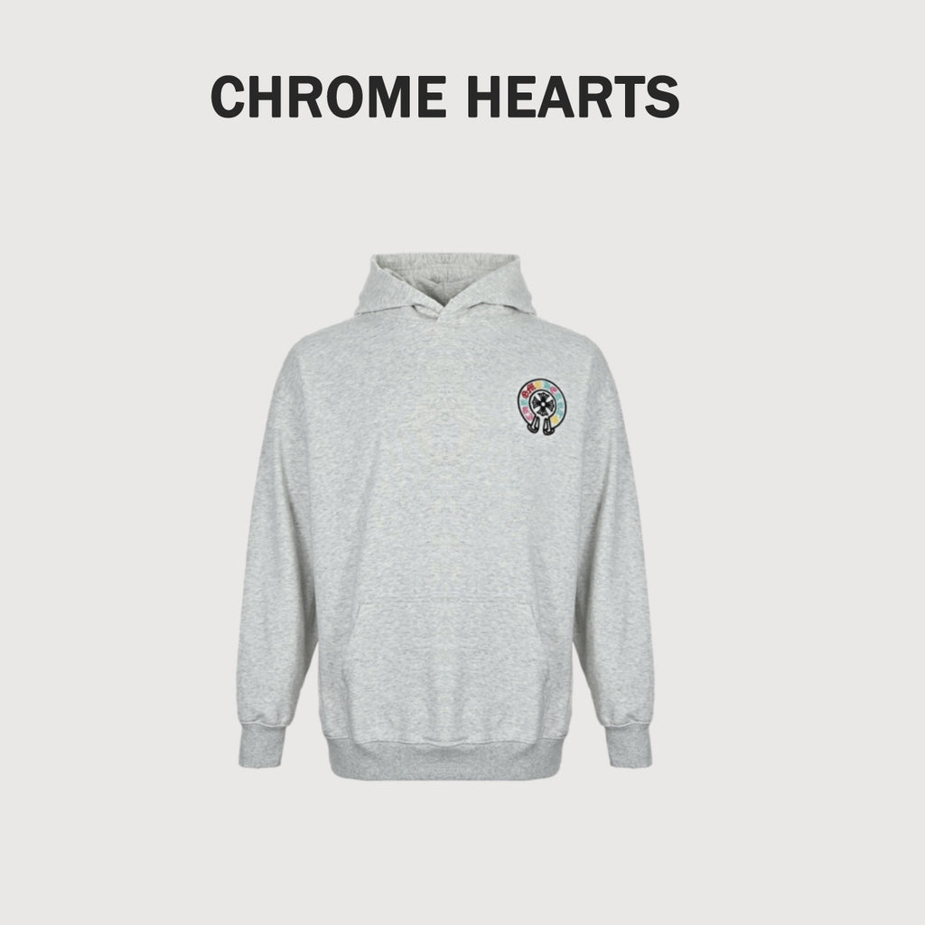Chrome Hearts Multicolor Horseshoe Embroidered Distressed Hoodie | Light Grey