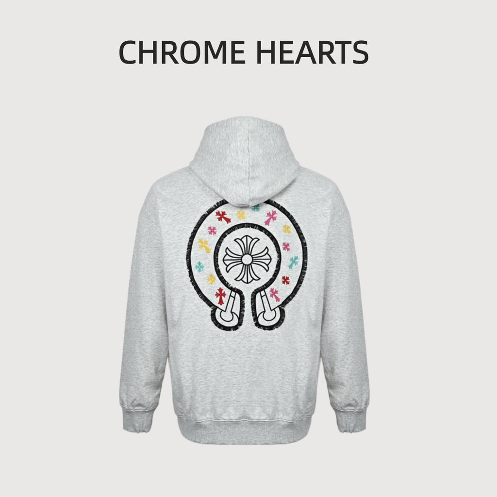 Chrome Hearts Multicolor Horseshoe Embroidered Distressed Hoodie | Light Grey