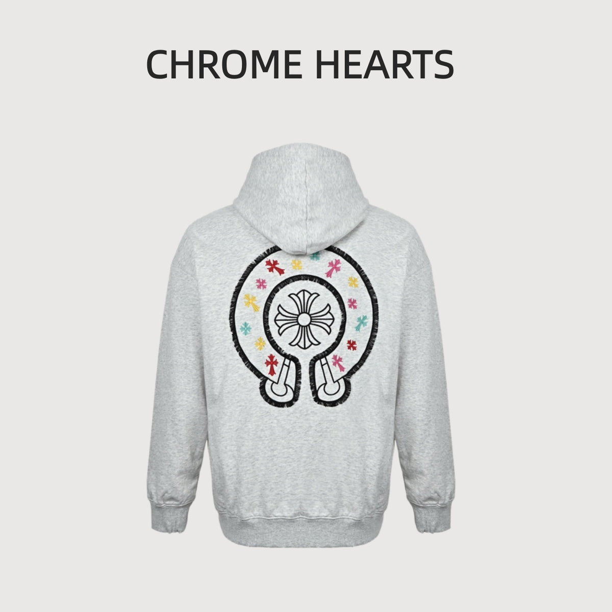 Chrome Hearts Multicolor Horseshoe Embroidered Distressed Hoodie | Light Grey