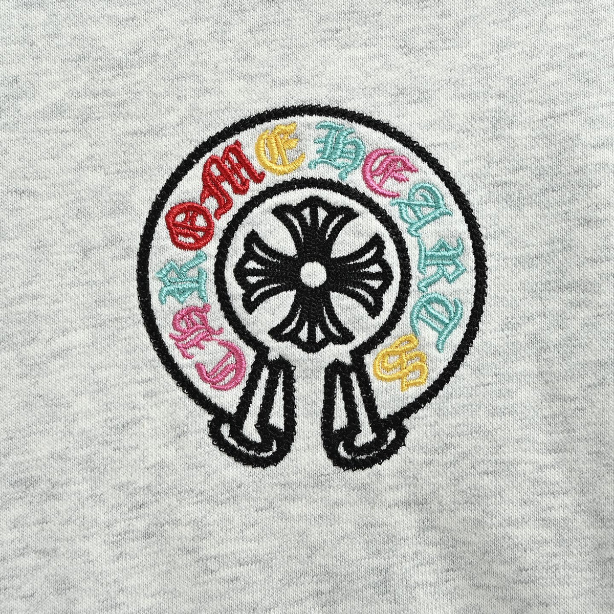 Chrome Hearts Multicolor Horseshoe Embroidered Distressed Hoodie | Light Grey