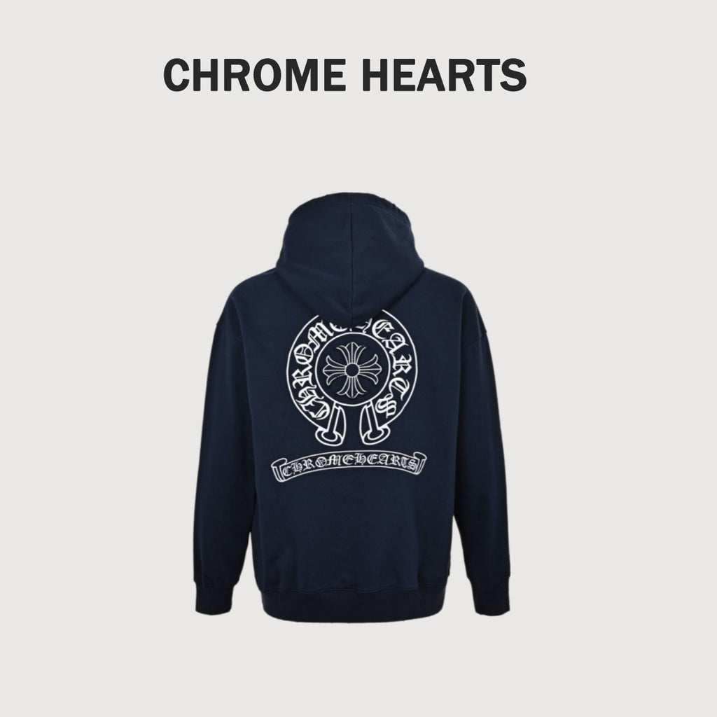 Chrome Hearts Horseshoe Logo Embroidered Distressed Hoodie | Navy