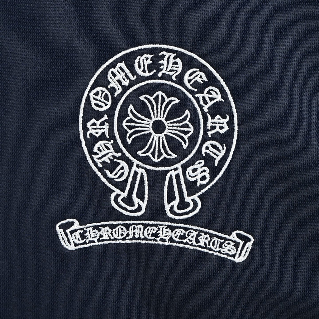 Chrome Hearts Horseshoe Logo Embroidered Distressed Hoodie | Navy