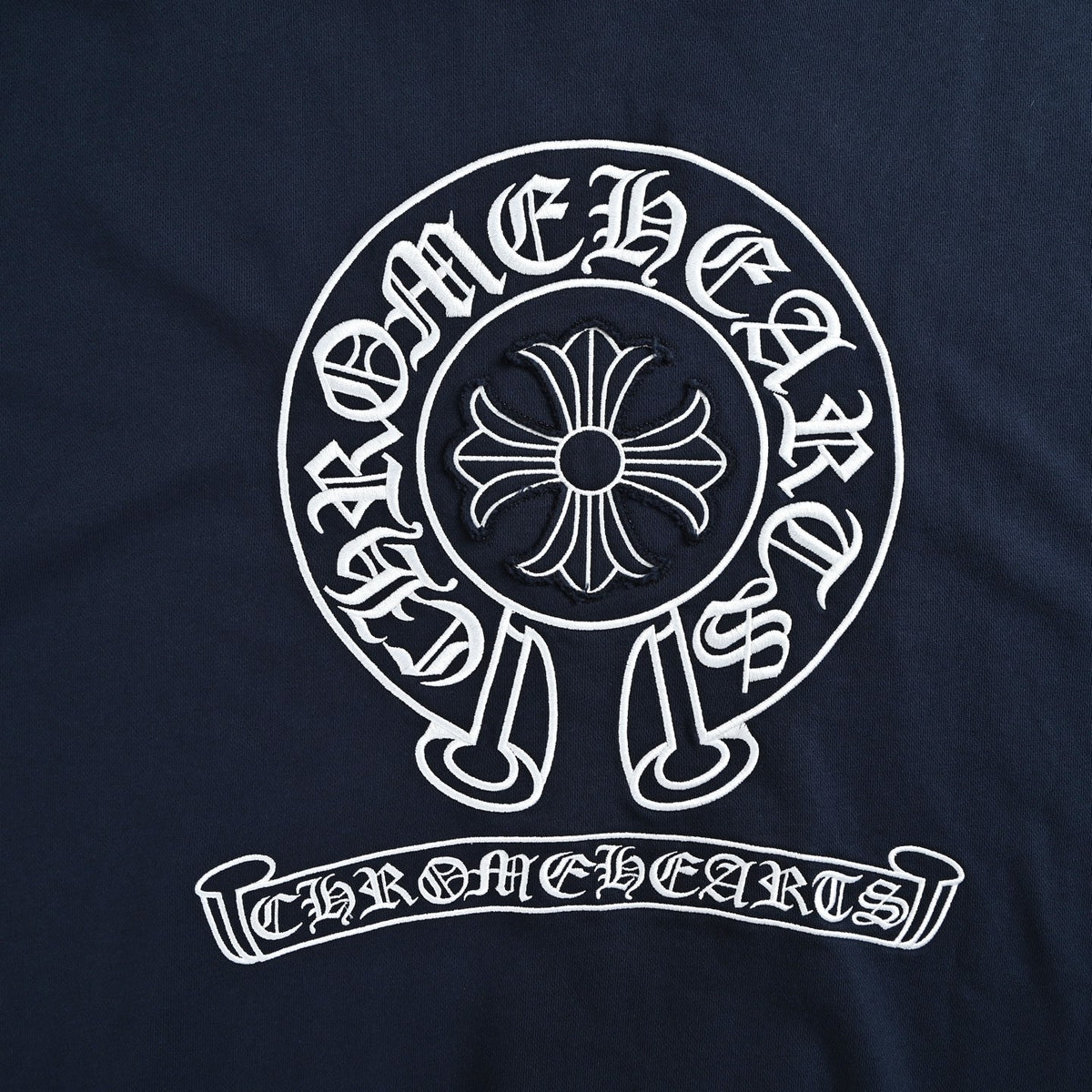 Chrome Hearts Horseshoe Logo Embroidered Distressed Hoodie | Navy