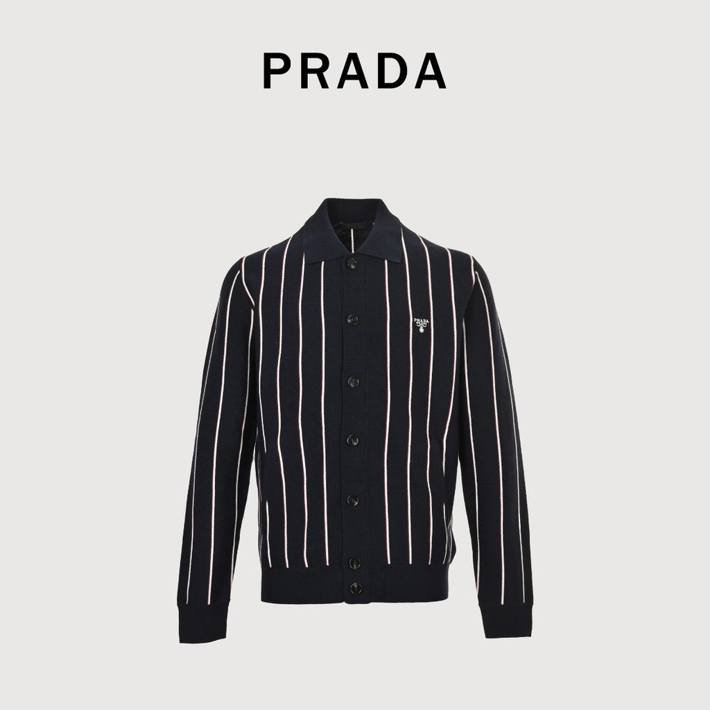 PRADA Vertical Stripe Embroidered Collared Knit Cardigan - Black